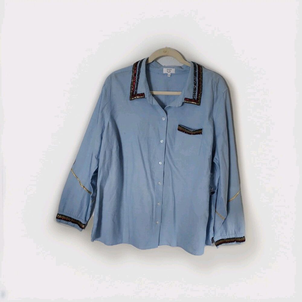 Crown & Ivy Lasting Lux Blue Gold Sequin Cotton Button Down Top Plus Size 2X NEW